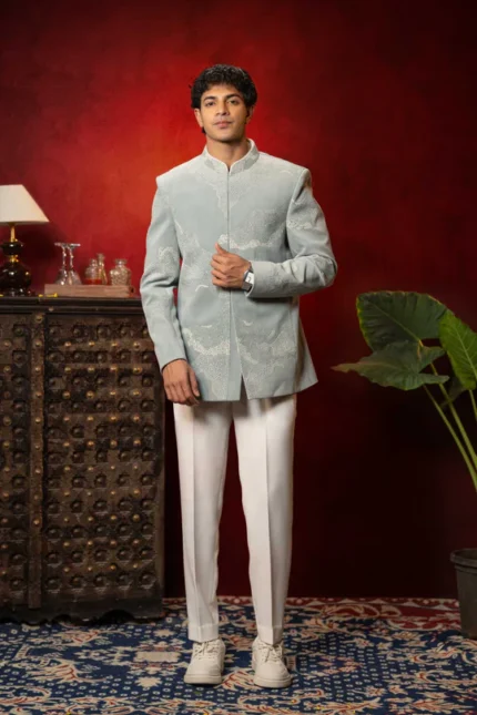 Exclusive Look For Mens Suede Fabric Pista Colour Jodhpuri Set.