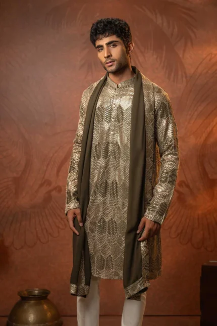 Mehandi colour geogette fabric embroidered kurta set with dupatta